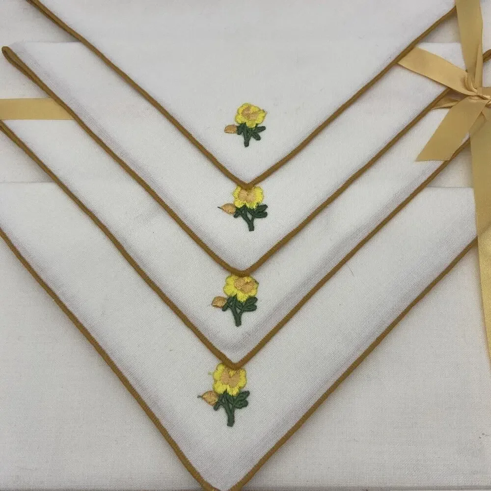 Vintage Embroidered Floral Applique Yellow Trim Placemats & Napkins ~NOS 8piece